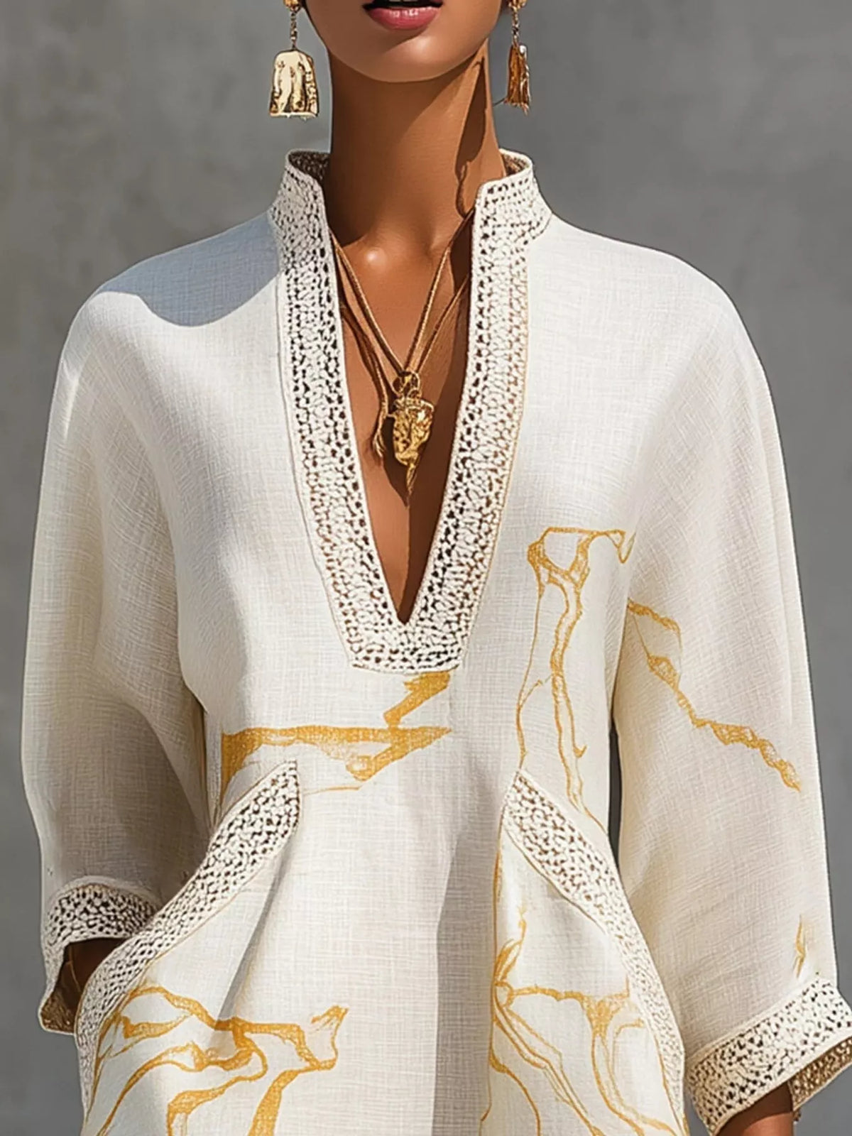 White notched 3/4 sleeve mini dress, notched neckline and contrasting trim