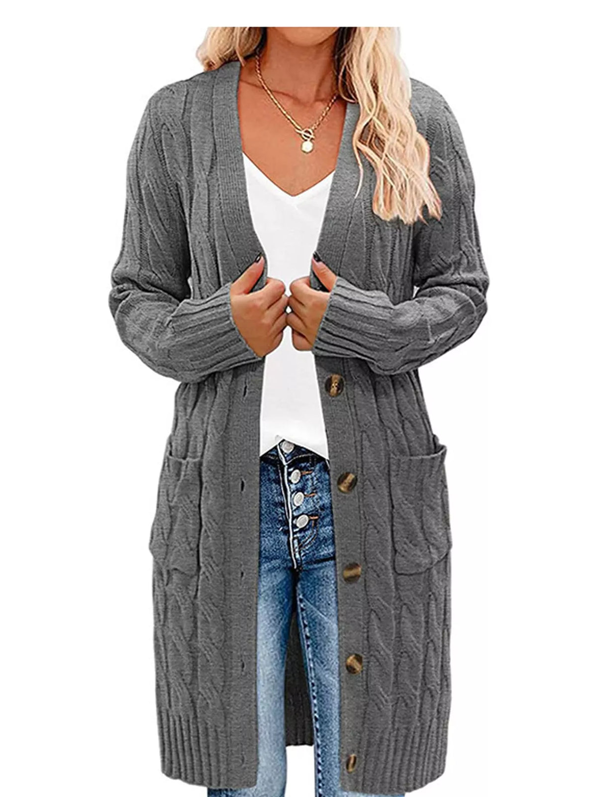 Cable Knit Button-Down Cardigan with Pockets — front view