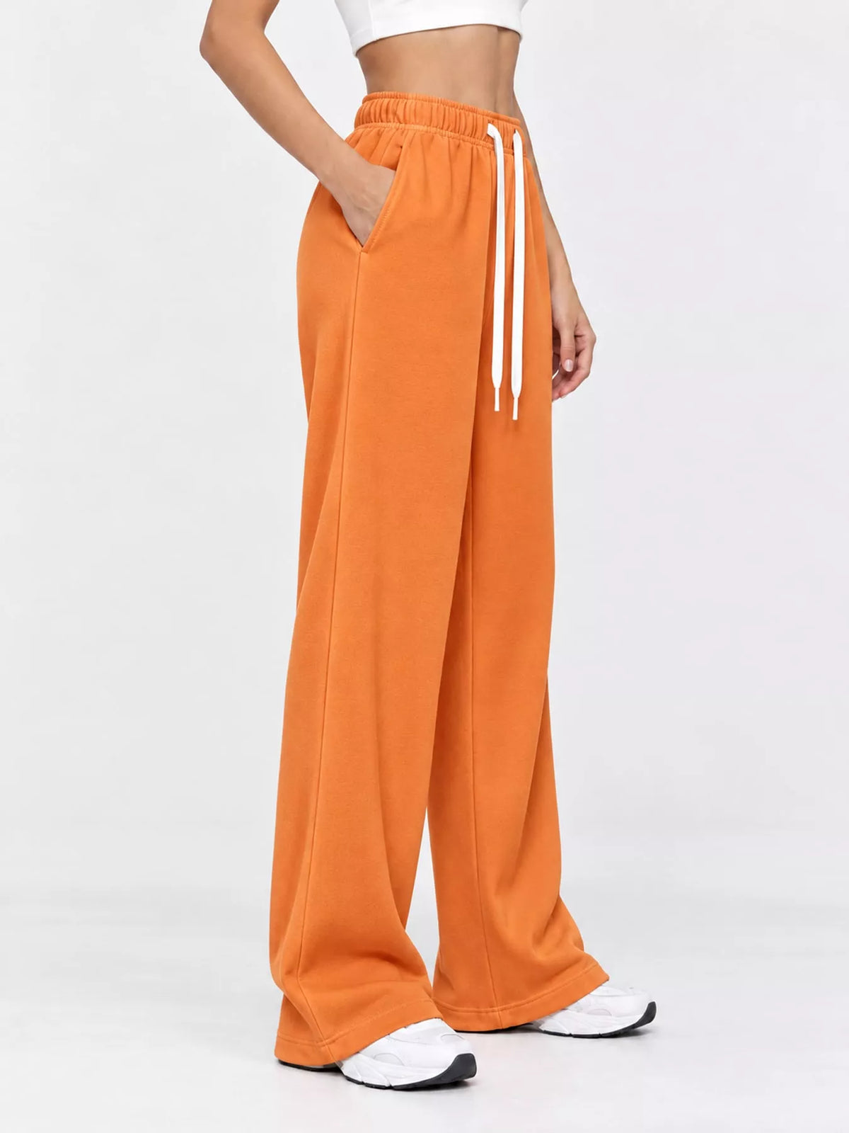 Orange wide-leg pants with drawstring
