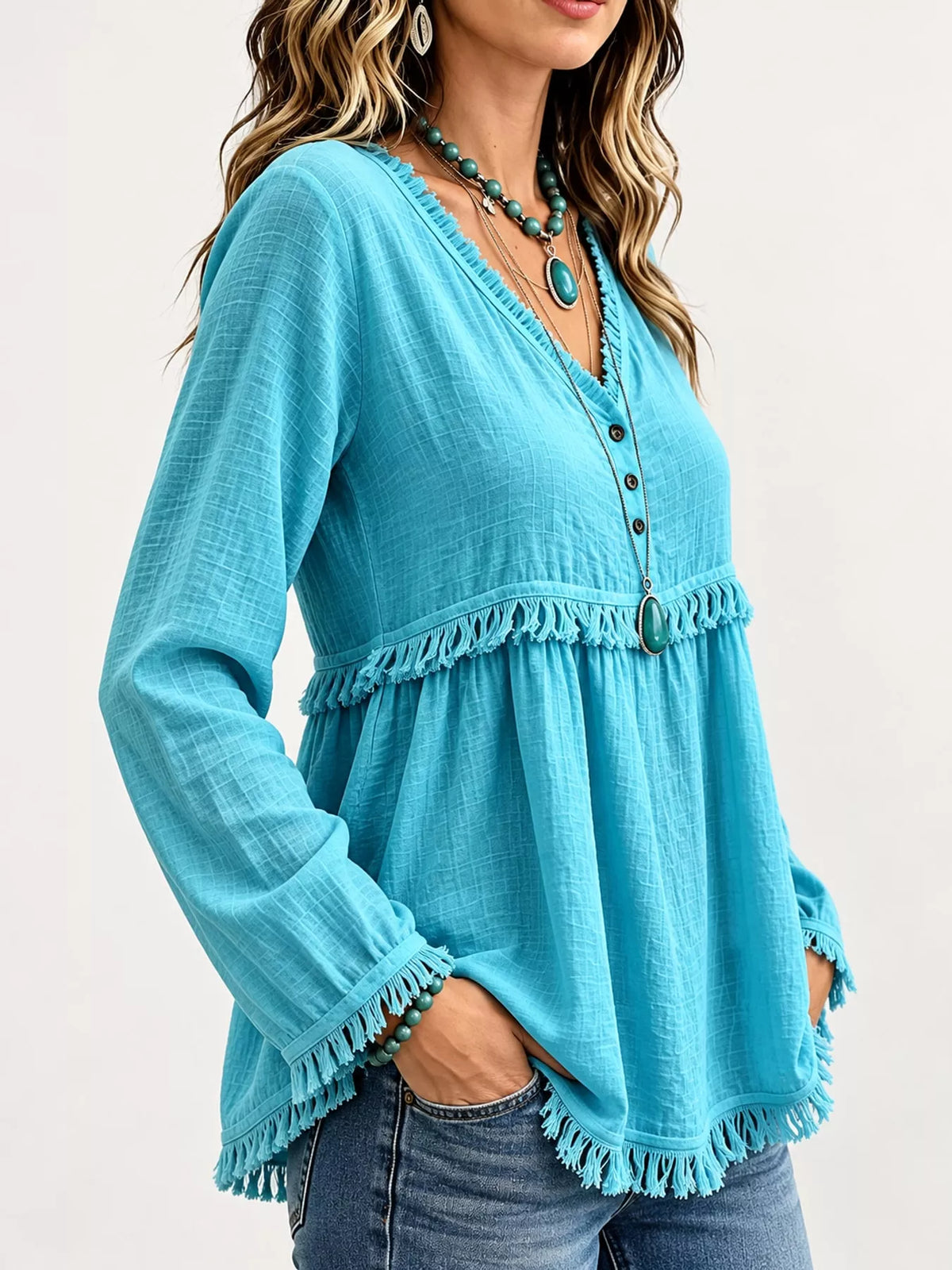 Fringe-trim blouse, turquoise side