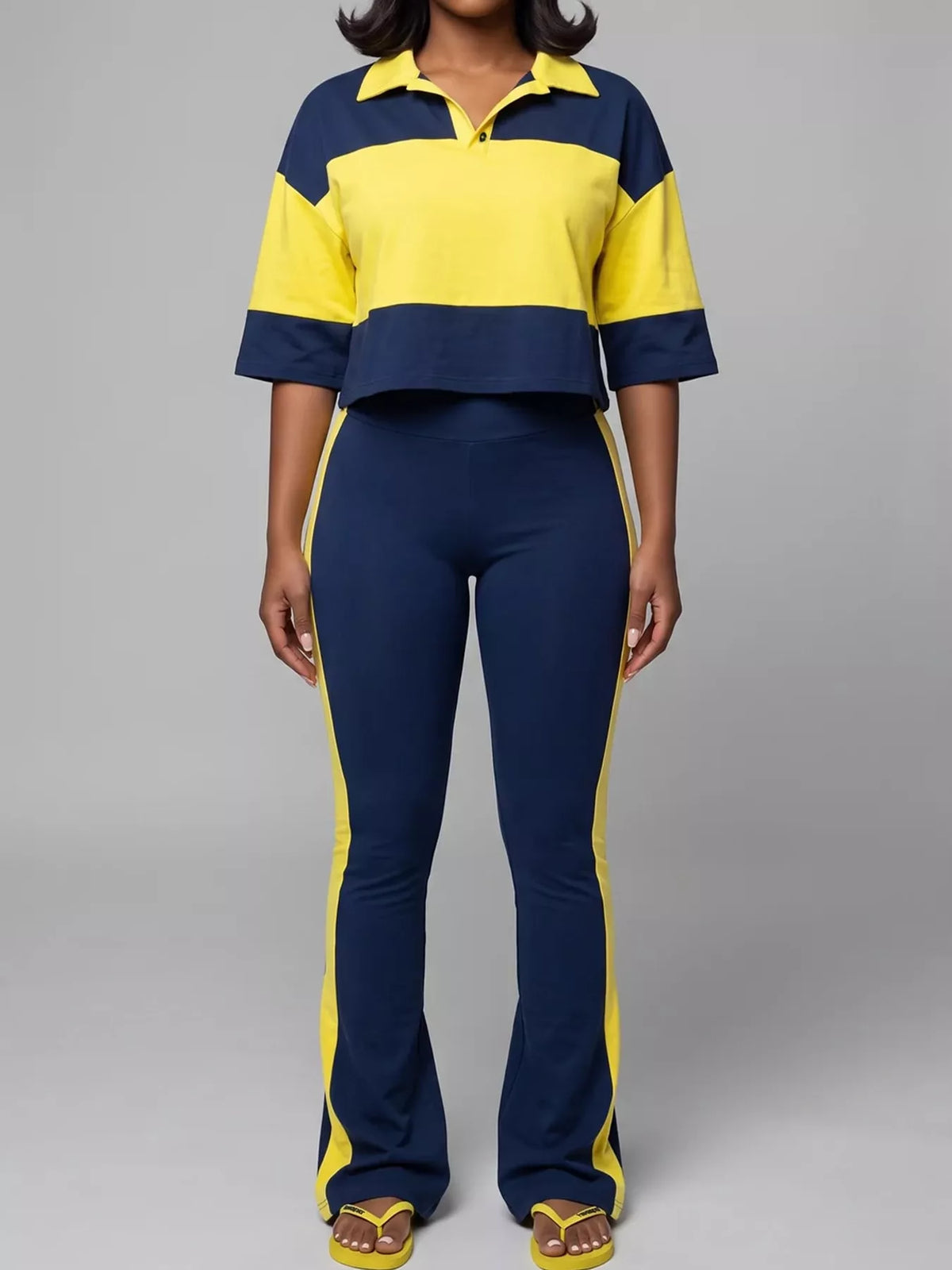 Color-Block Polo Collar Crop Top and Pants Two-Piece Set in dark blue