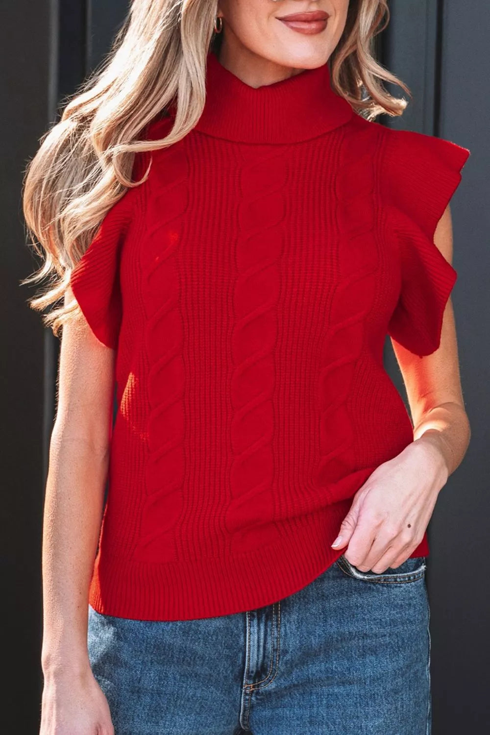 Trendsi Cable Knit Turtleneck Ruffled Short Sleeve Sweater -