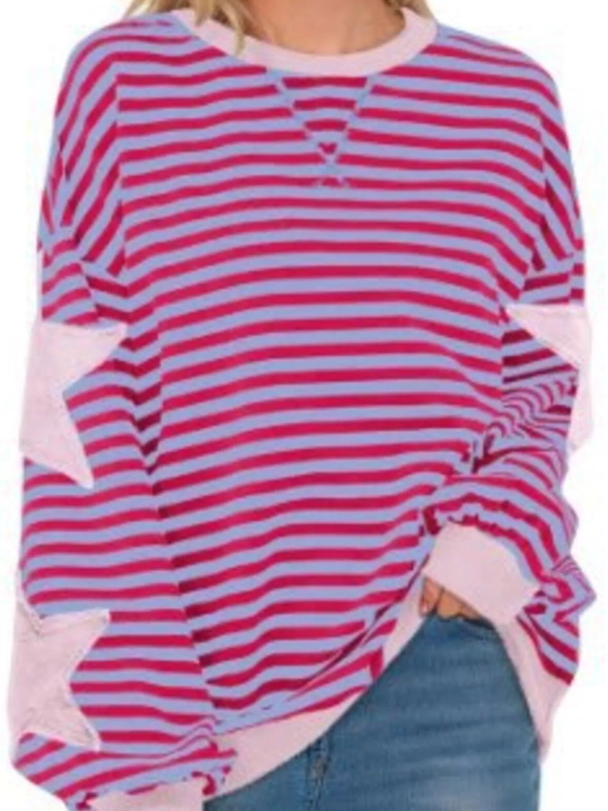 Rose Red Star-Patch Striped Oversized Sweatshirt front view