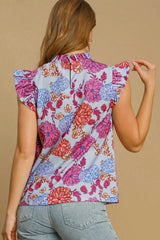 Trendsi Umgee Full Size Floral Print Ruffled Cap Sleeve Blouse Plus Size -