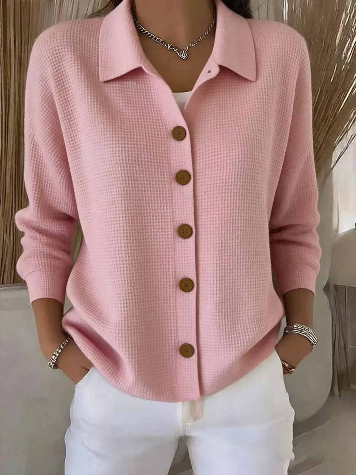 Waffle Knit Button-Down Shirt — front view