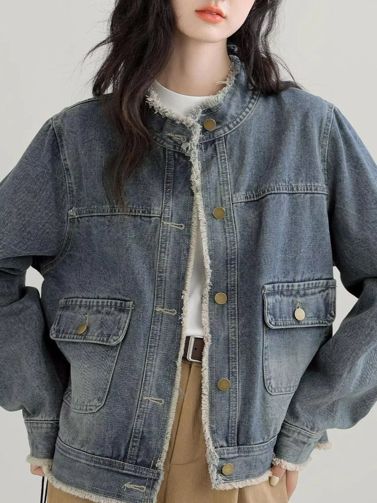Distressed Frayed-Edge Denim Jacket with Utility Pockets — front view