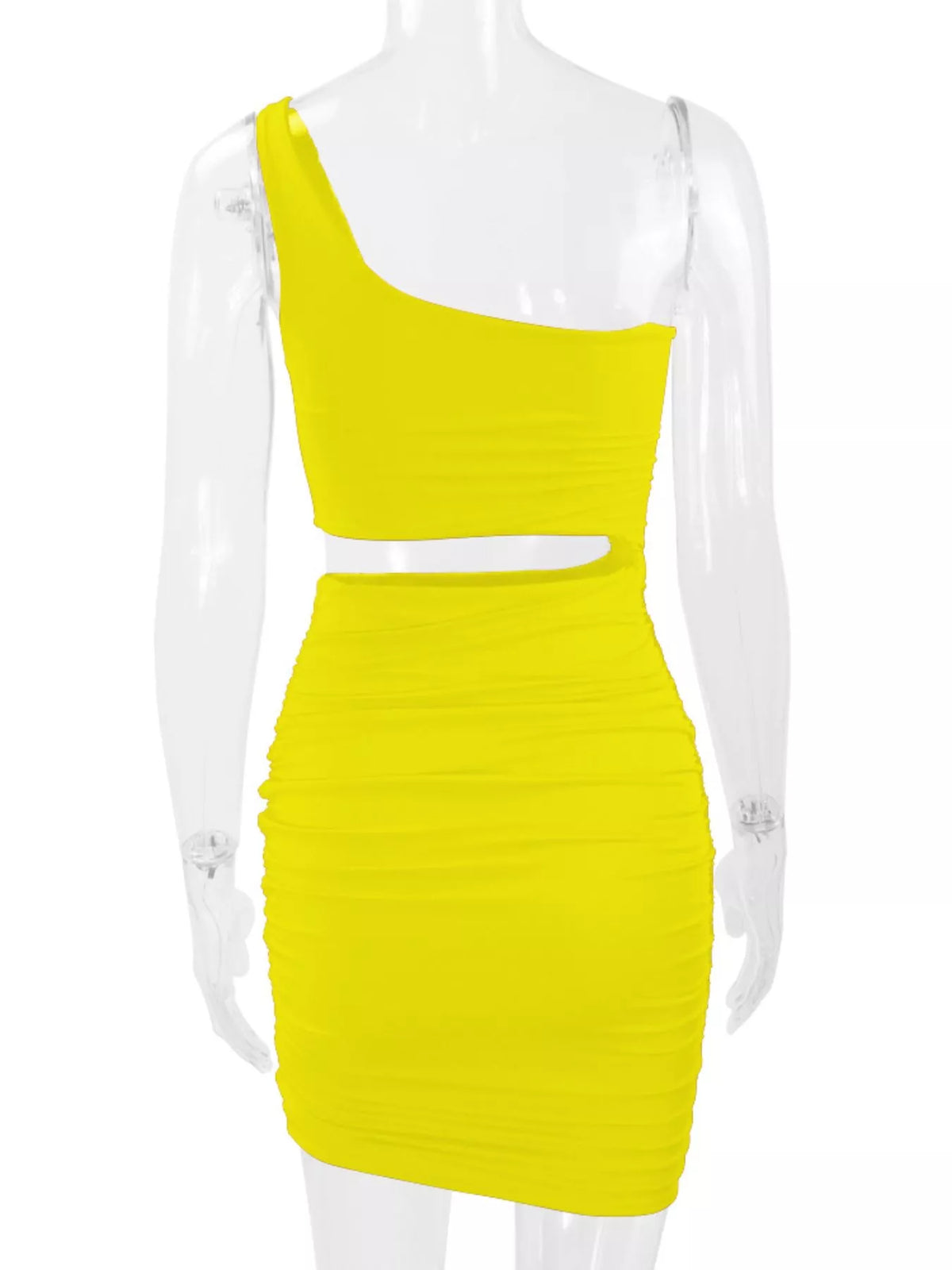 One-shoulder cutout dress, bright yellow mannequin back