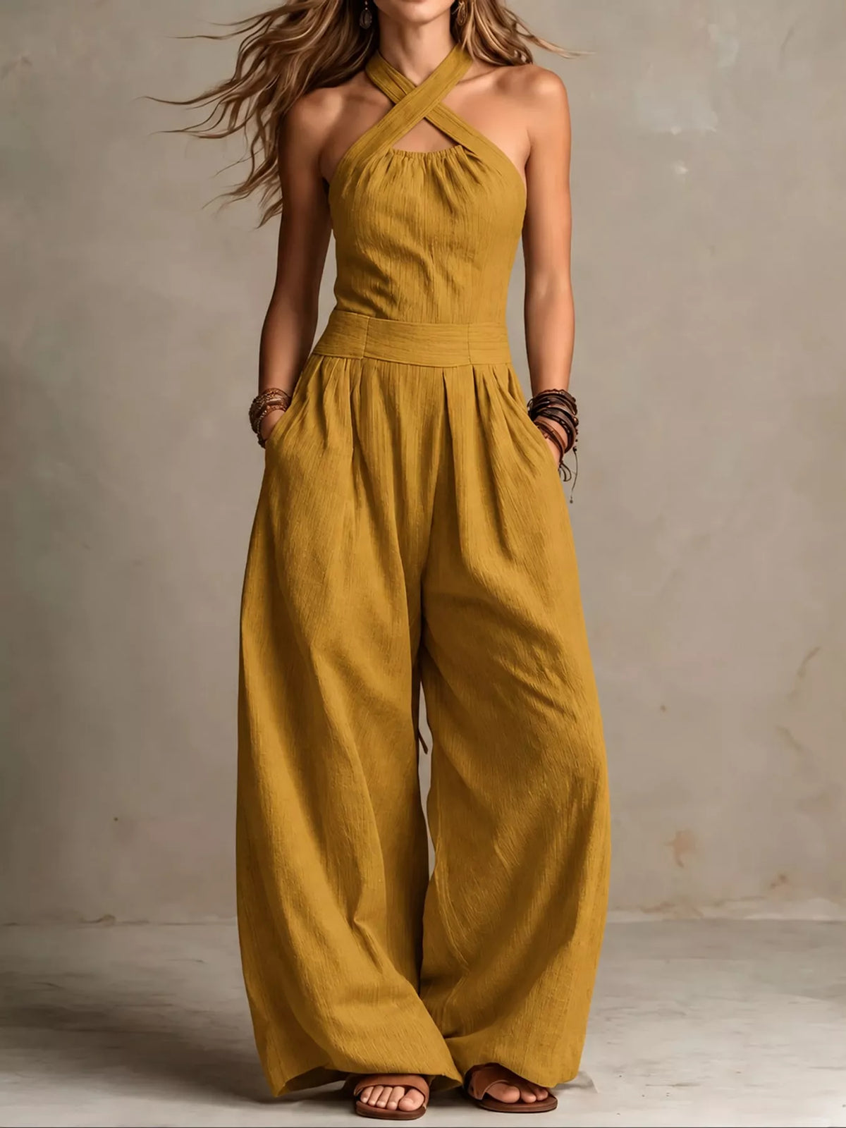 Wide-leg jumpsuit, mustard front