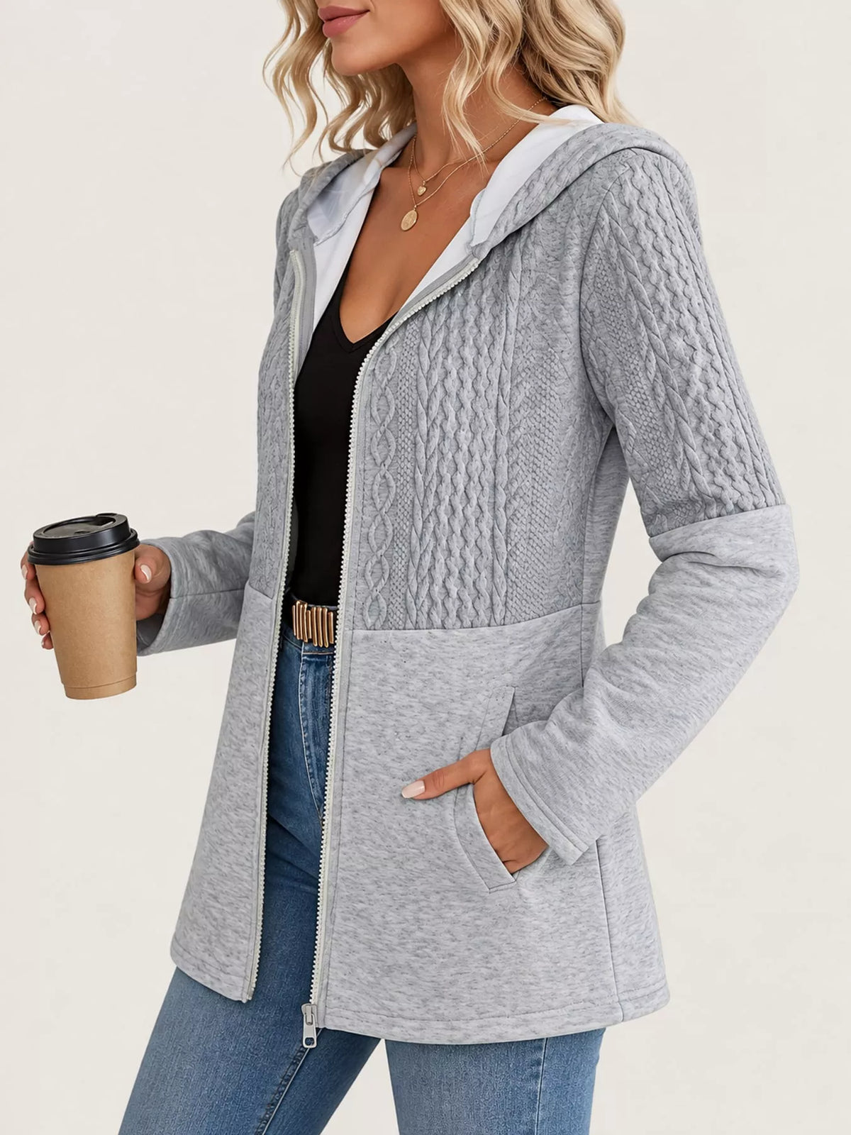 Gray hooded zip-up jacket, side view