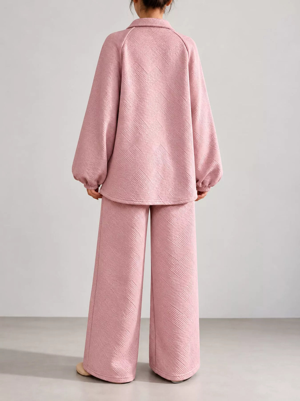 Pink textured polo collar top and wide-leg pants set — back view