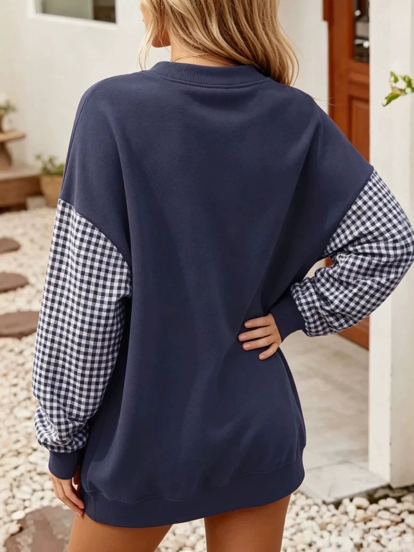 Trendsi Contrast Gingham Long Sleeve Sweatshirt -