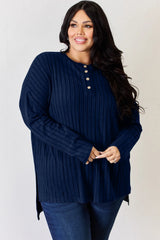 Trendsi Basic Bae Full Size Ribbed Half Button Long Sleeve High-Low T-Shirt - Pants