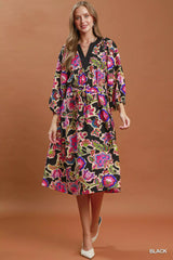 Trendsi Umgee Abstract Print Embroidered Belted Midi Dress -