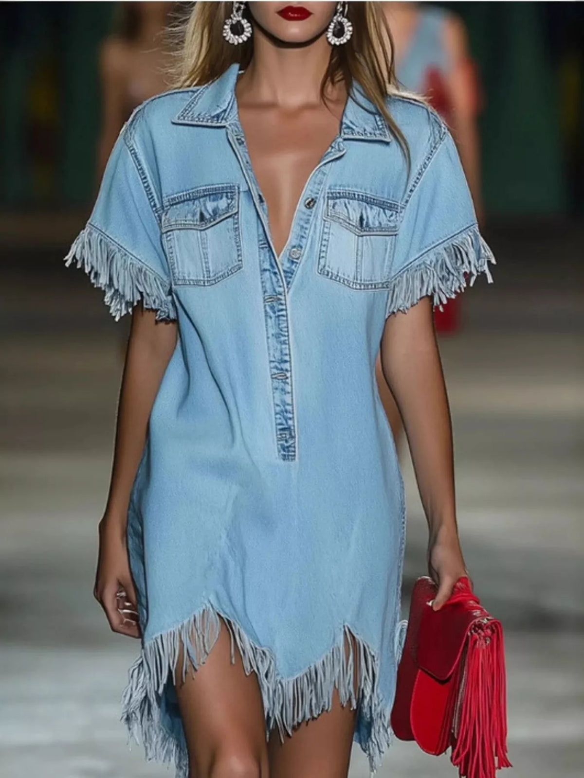 Trendsi Full Size Fringed Button Front Denim Shirt Dress Plus Size -