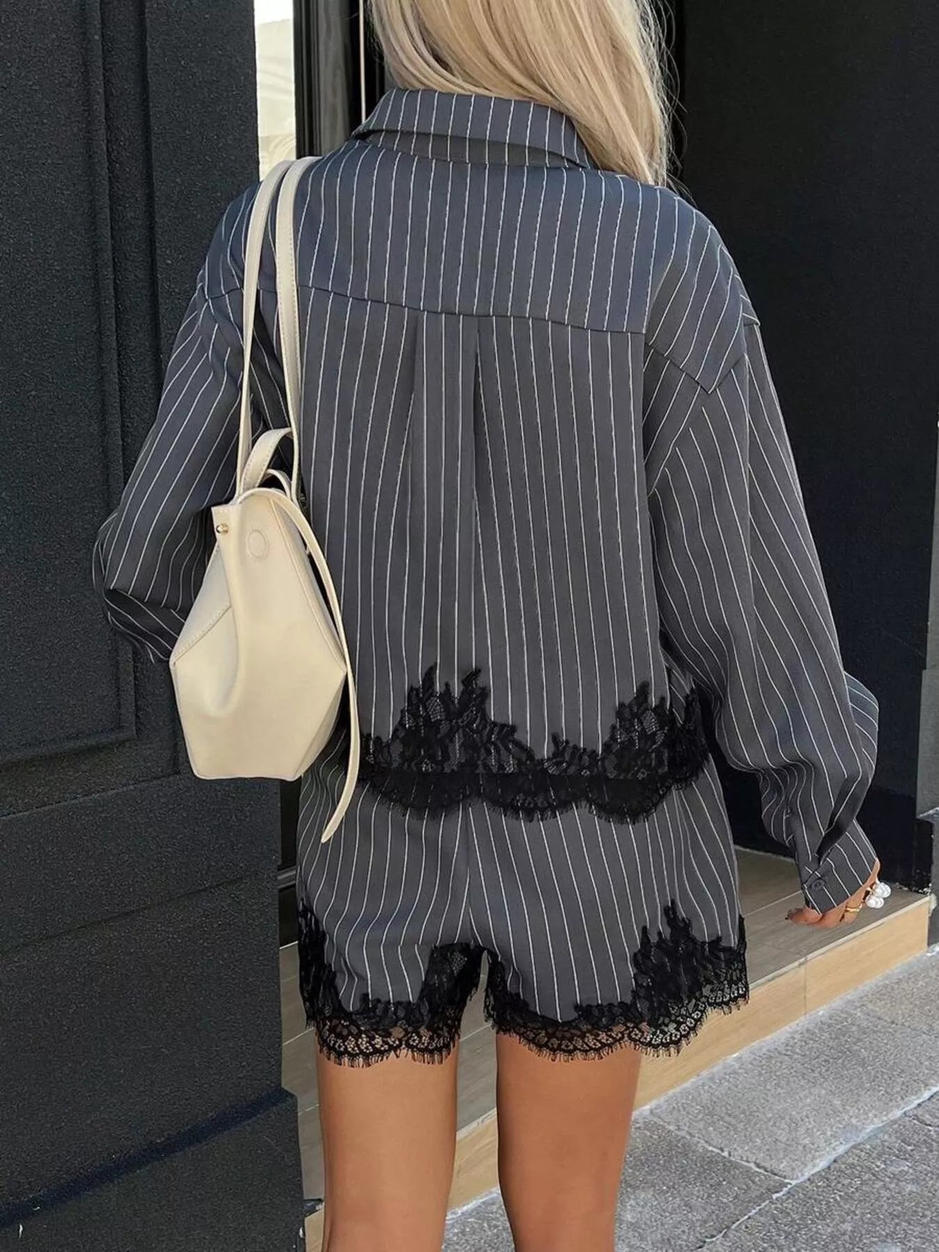Trendsi Lace Trim Striped Button-Down Shirt and Shorts Set -