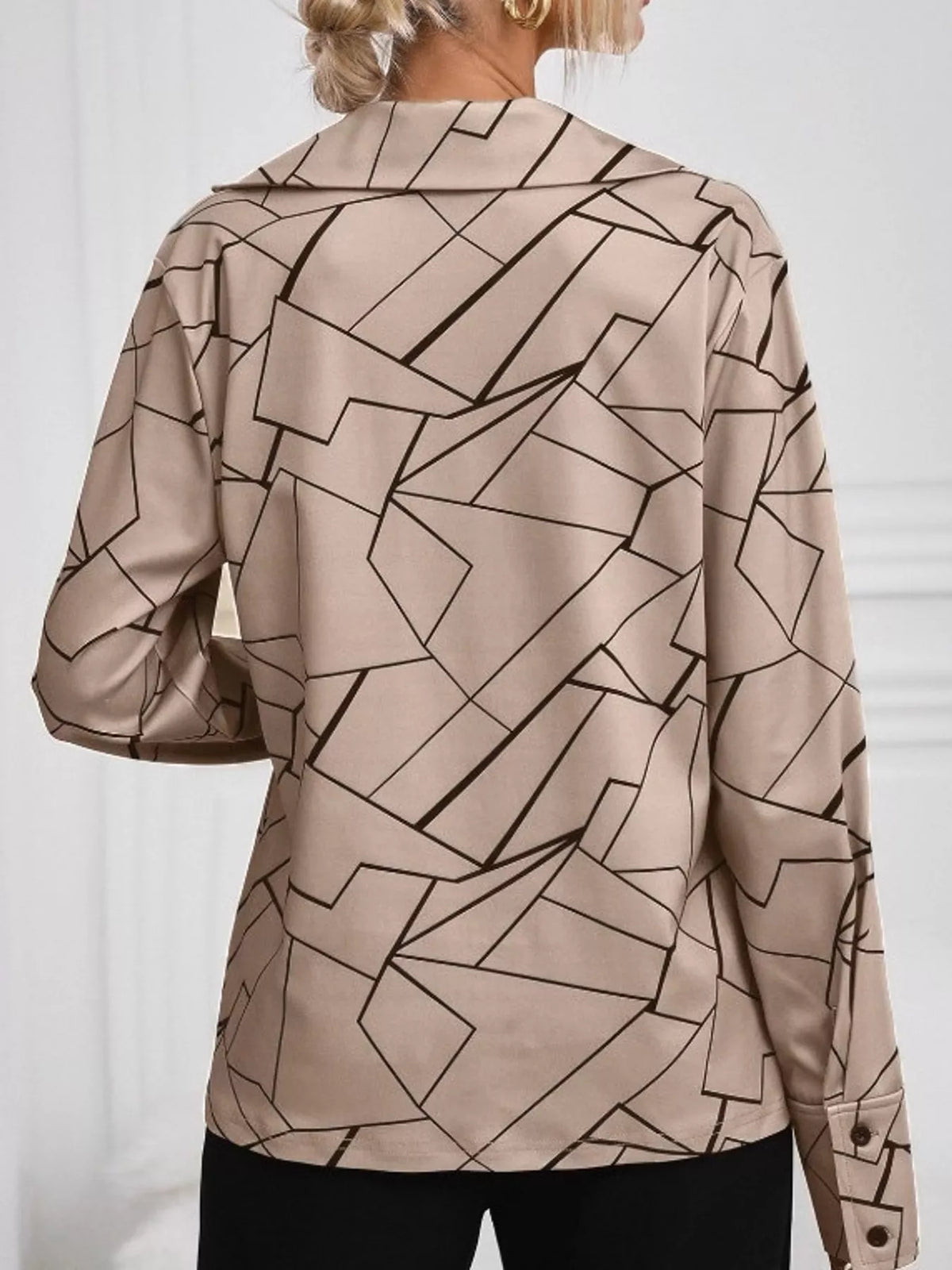 Khaki geometric print long sleeve blouse, back view