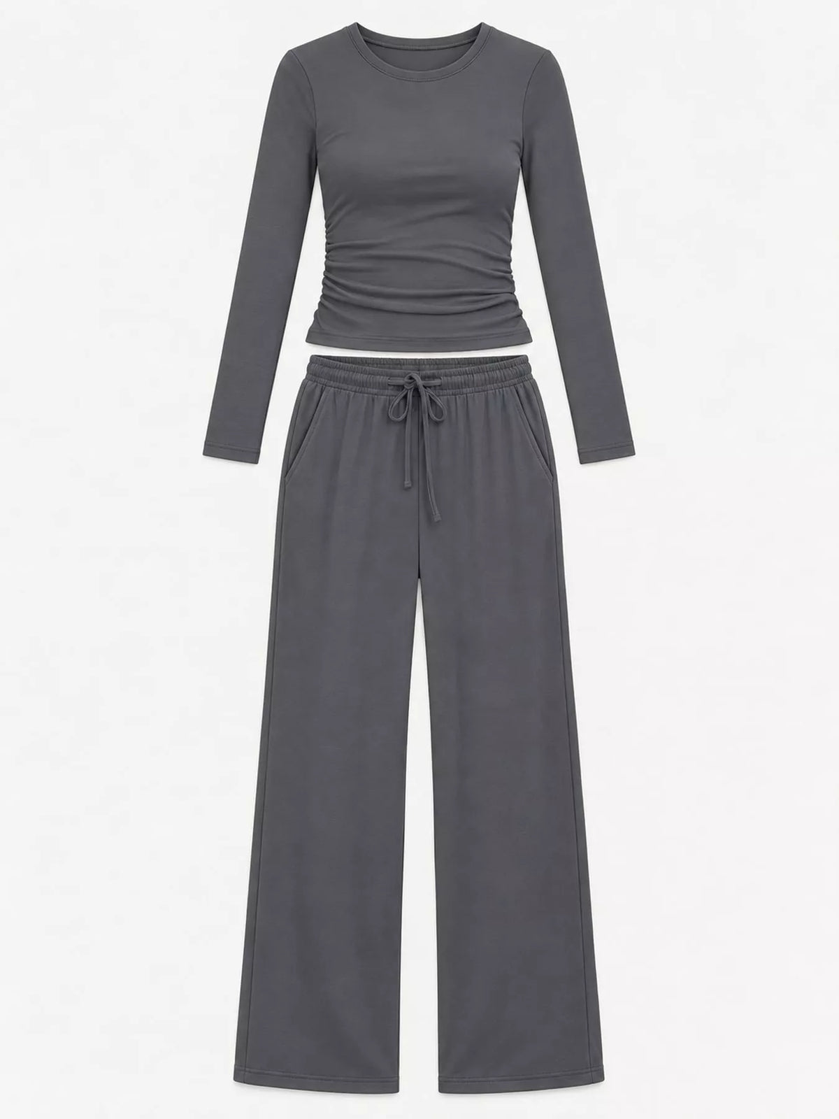 Long Sleeve Top and Wide-Leg Drawstring Pants Set — garment front