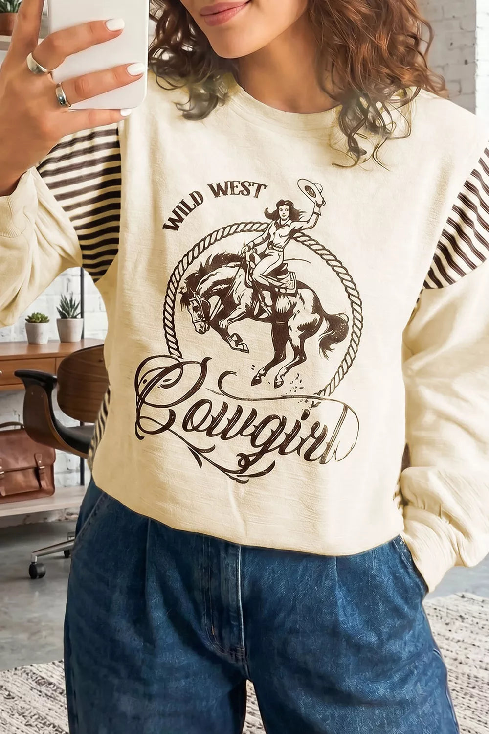 Trendsi Western Graphic Striped Detail Long Sleeve Casual Top -
