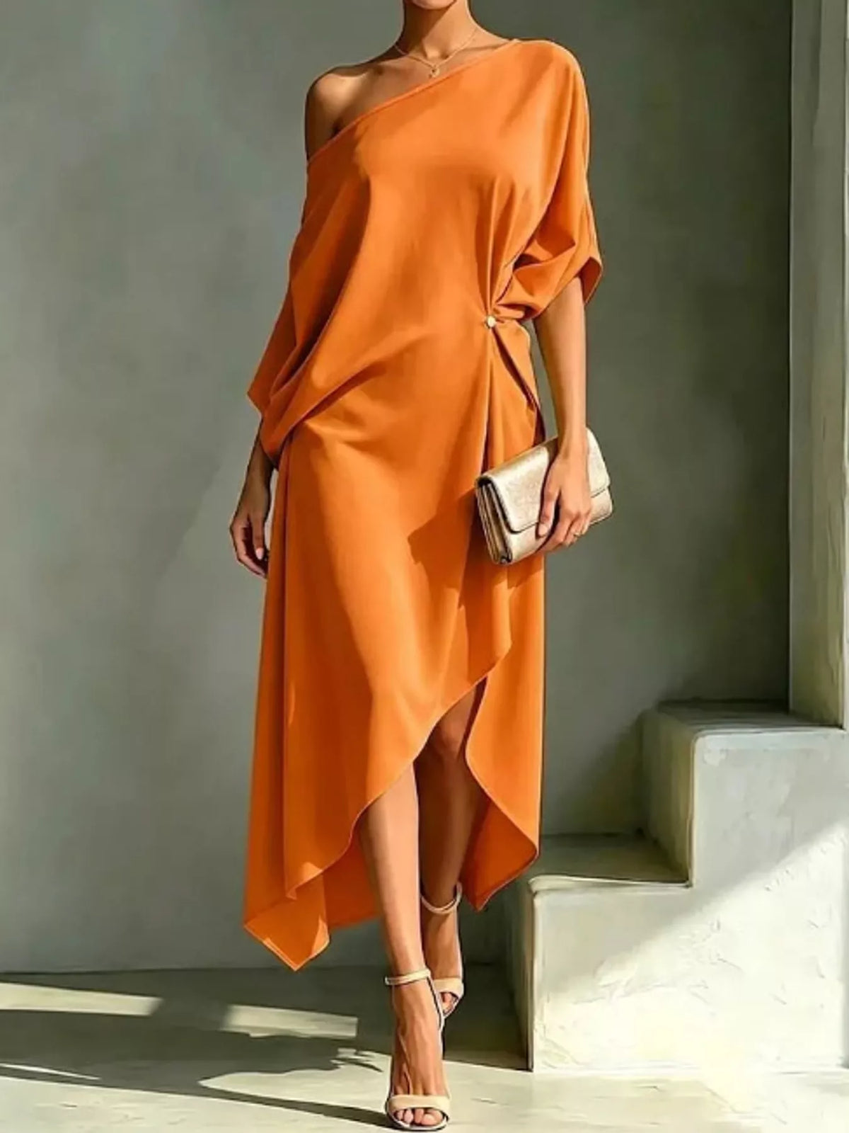 One-shoulder dress, orange front