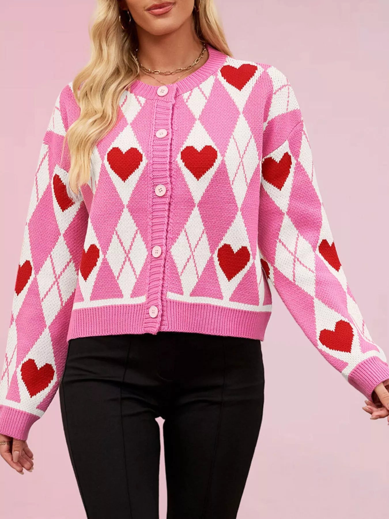Trendsi Argyle Heart Pattern Button-Up Knit Cardigan -