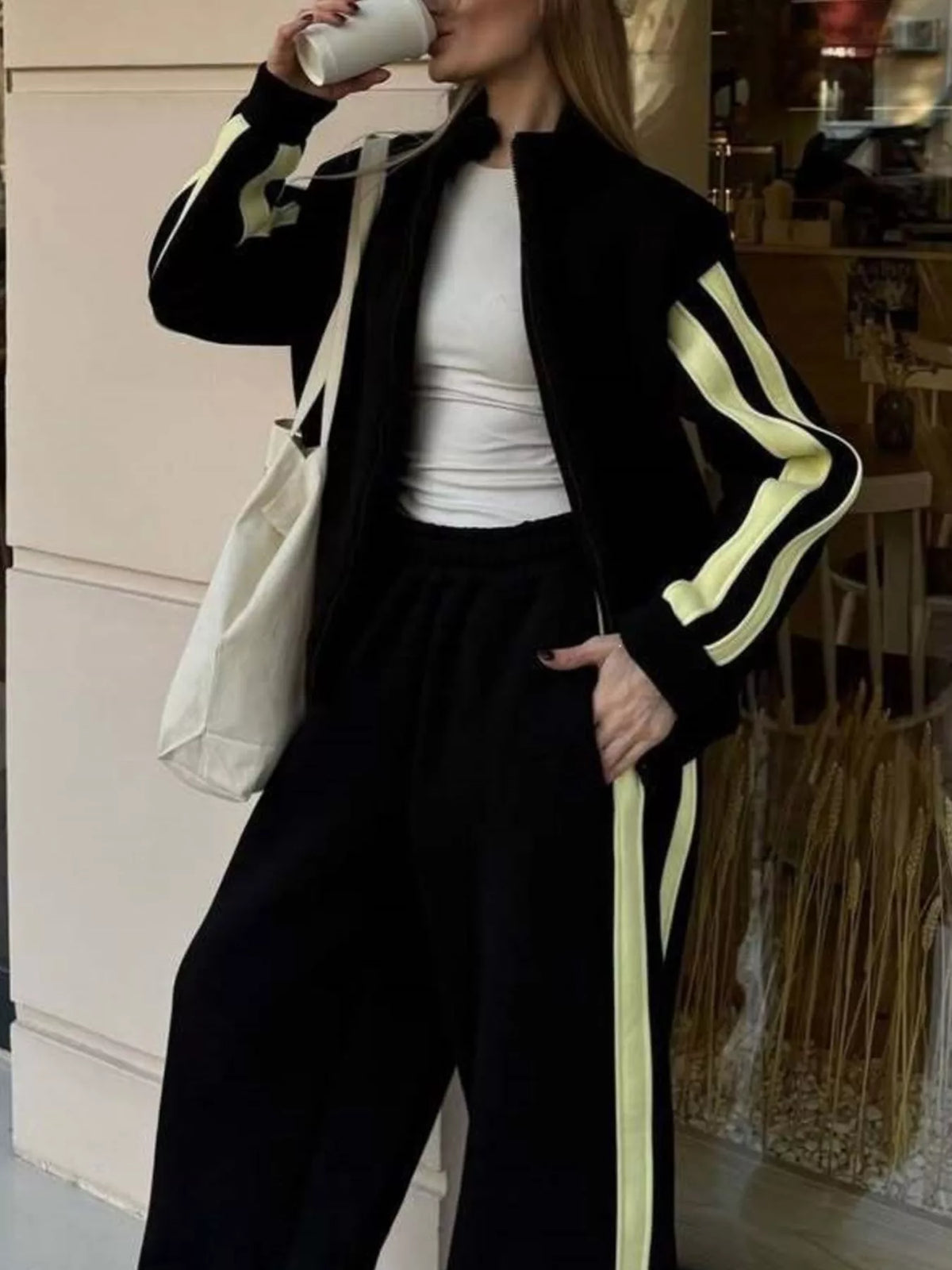 Trendsi Contrast Striped Zip Up Top and Pants Set -