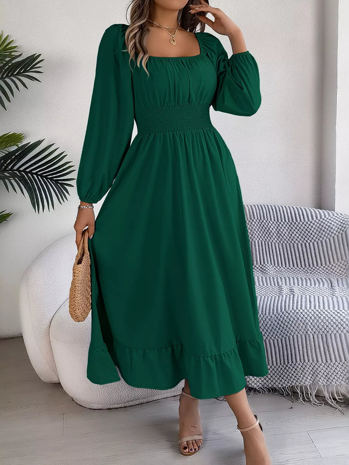 Dark Green square neck smocked waist long sleeve midi dress