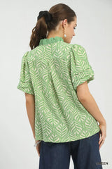 Trendsi Umgee Printed Puff Sleeve Ruffle Neck Top -