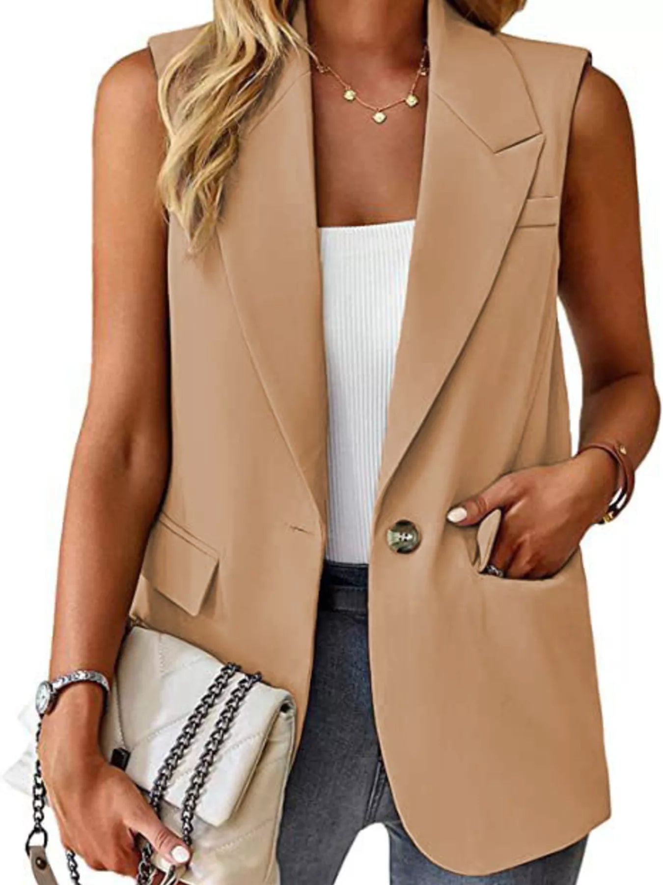 Trendsi Full Size One Button Lapel Collar Vest Coat Plus Size -
