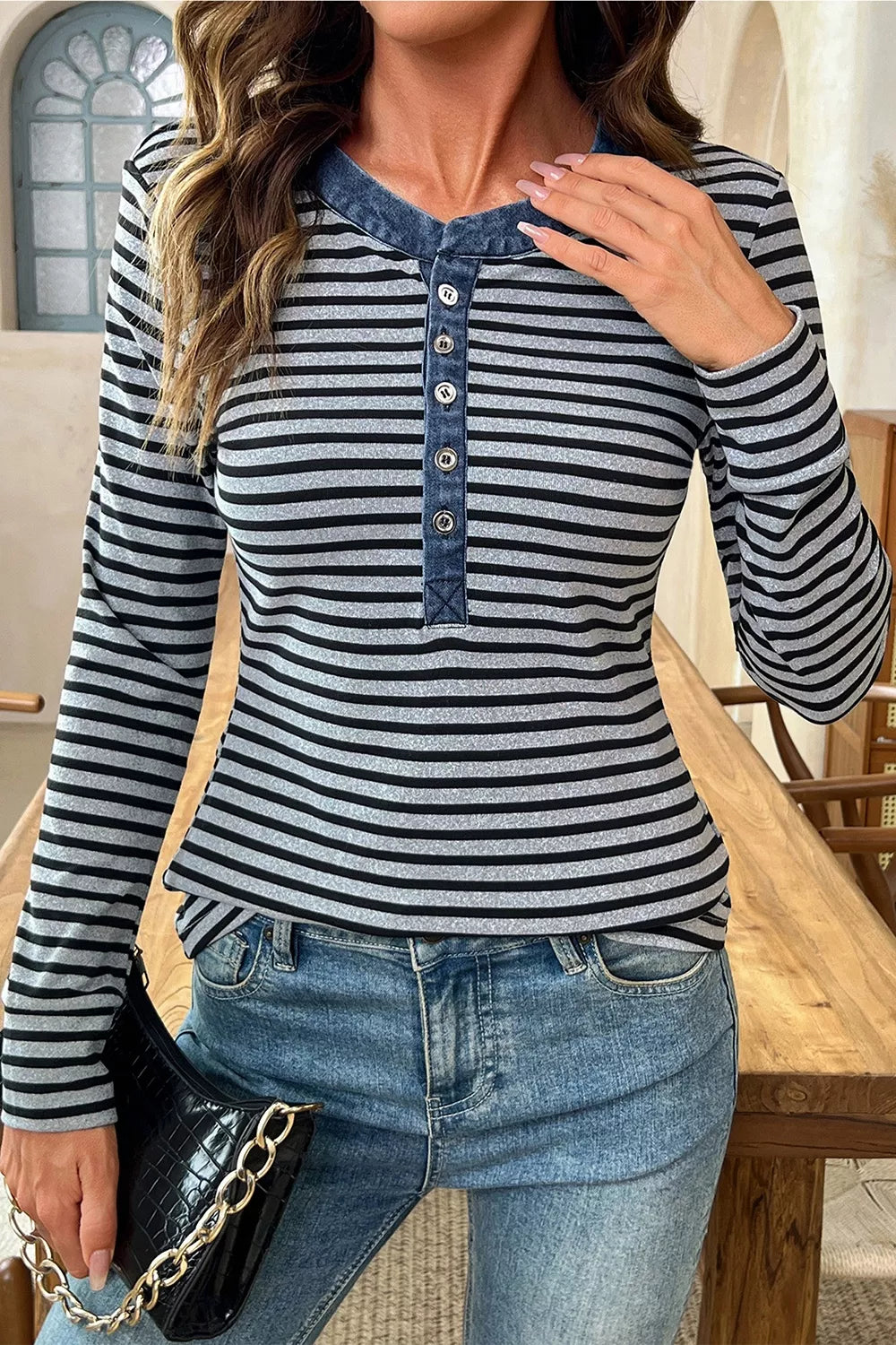 Trendsi Stripe Denim Contrast Collar Half Button Long Sleeve Top -