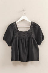 Trendsi HYFVE Crochet Detail Puff Sleeve Peasant Top - Shirts