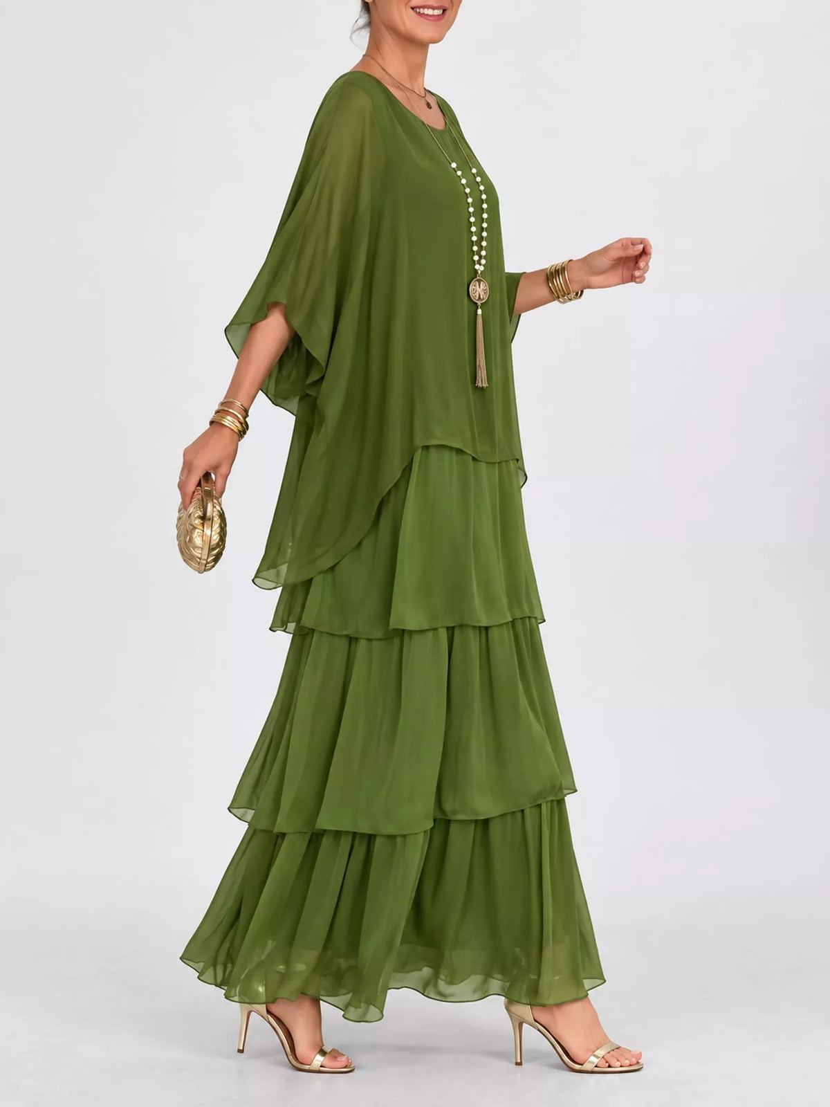 Layered maxi dress, olive side