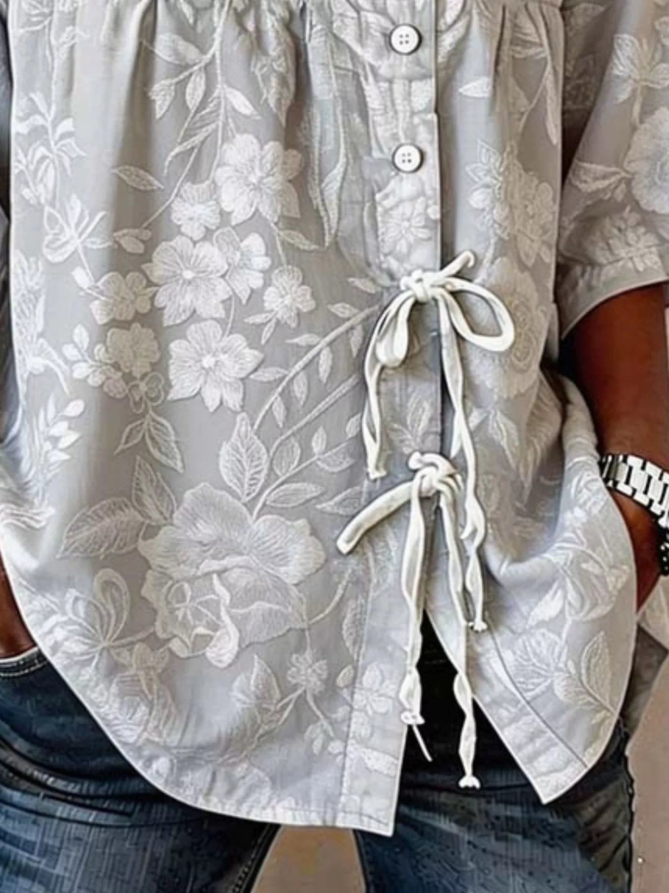 Trendsi Full Size Embroidered Floral Tie Front Shirt Plus Size -