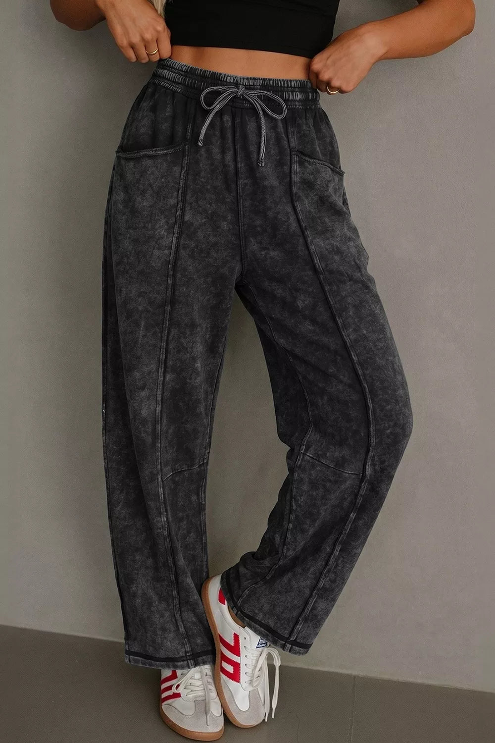 Trendsi Mineral Wash Raw Seam Drawstring Elastic Waist Barrel Pants -