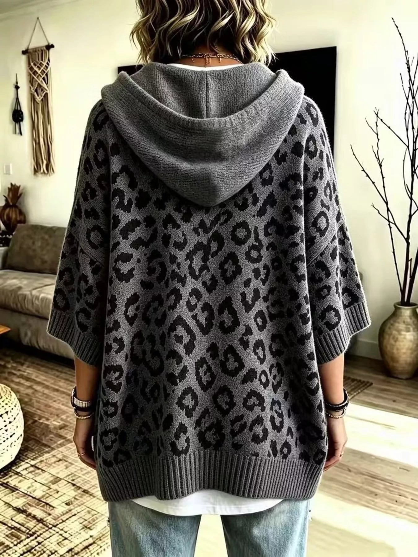 Trendsi Drawstring Leopard Hooded Sweater -