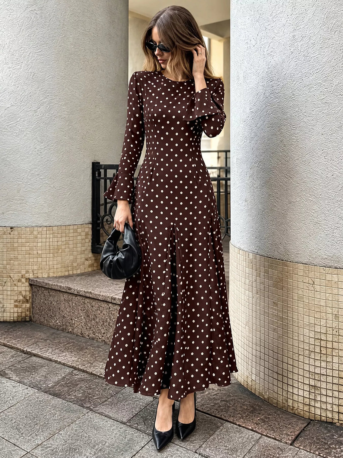 Brown polka dot long sleeve maxi dress