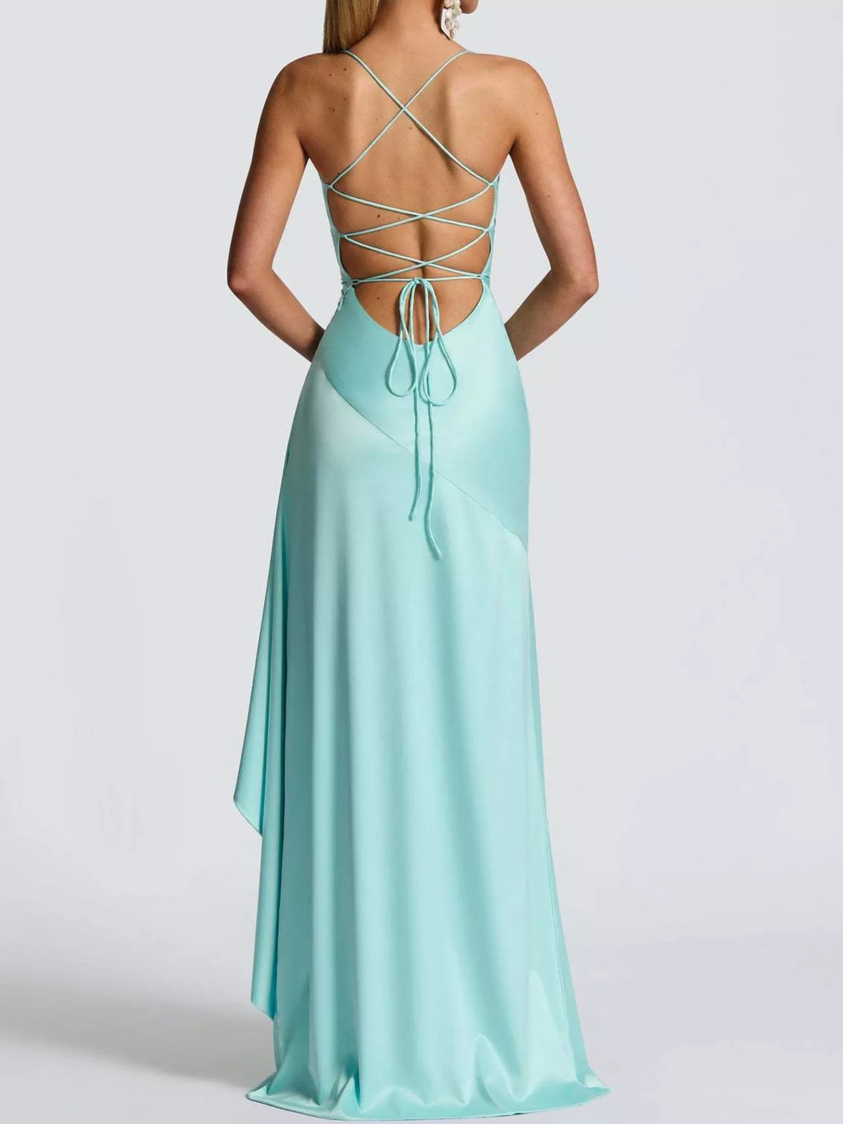 Turquoise high-low ruffle-hem evening dress, lace-up back view