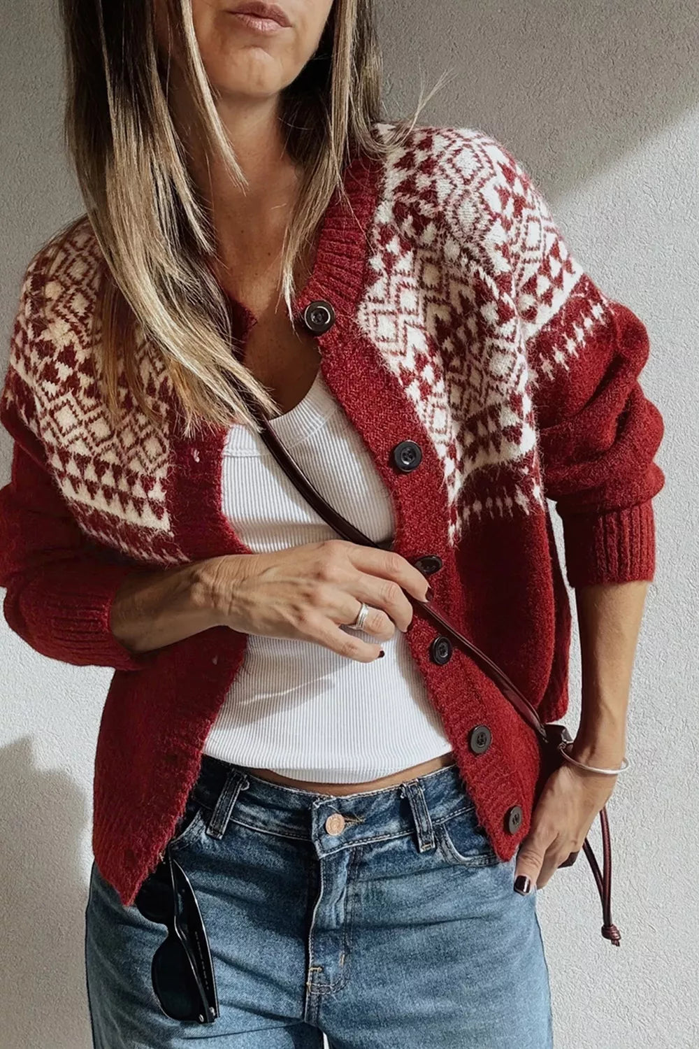 Geometric-print button-front long sleeve cardigan