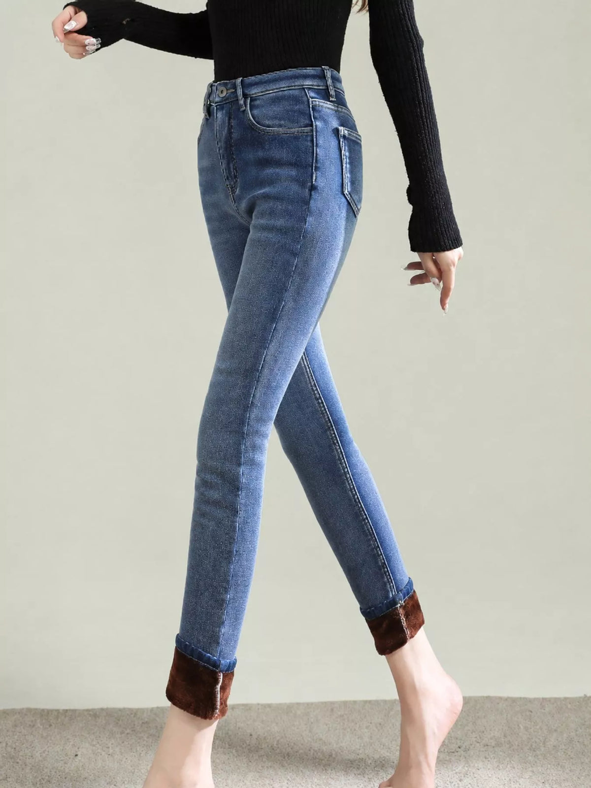 High-Waisted Slim-Fit Stretch Fleece Jeans — side view