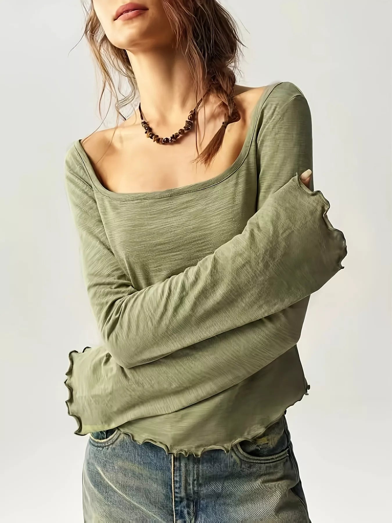 Trendsi Square Neck Long Sleeve Slim-Fit T-Shirt -