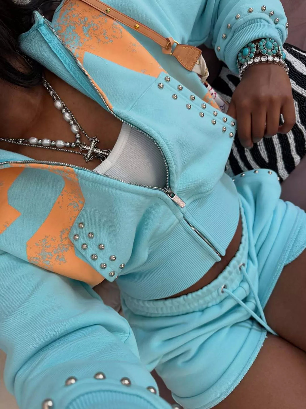 Studded hoodie and shorts set, blue studded hoodie detail