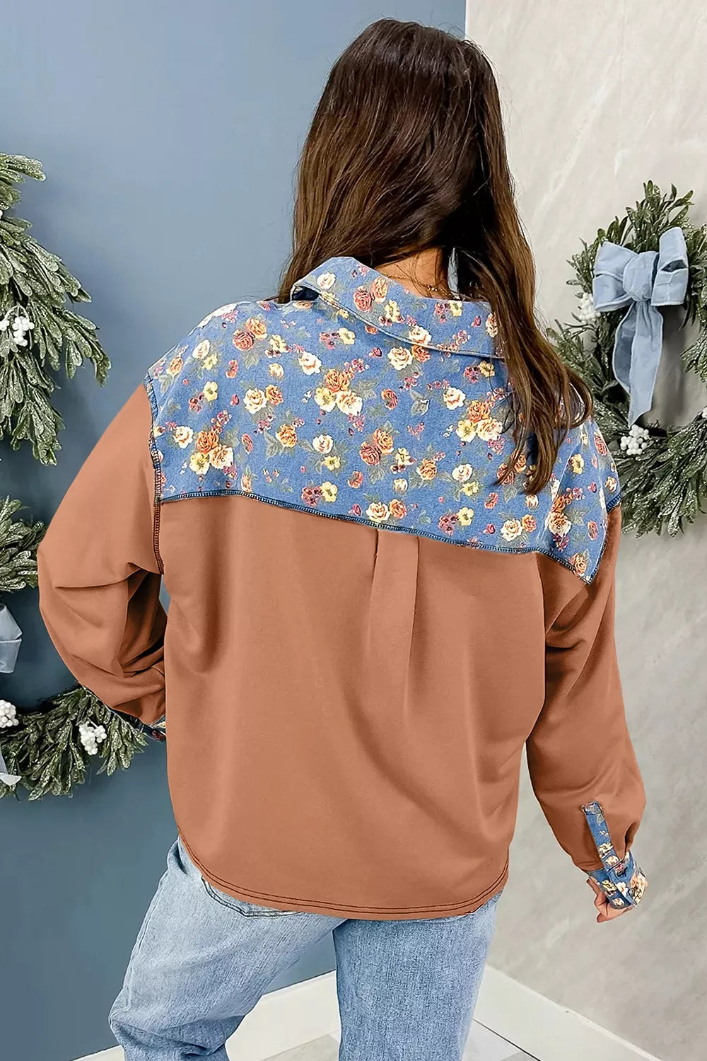 Trendsi Floral Denim Patchwork Collar V Neck Long Sleeve Pullover Top -