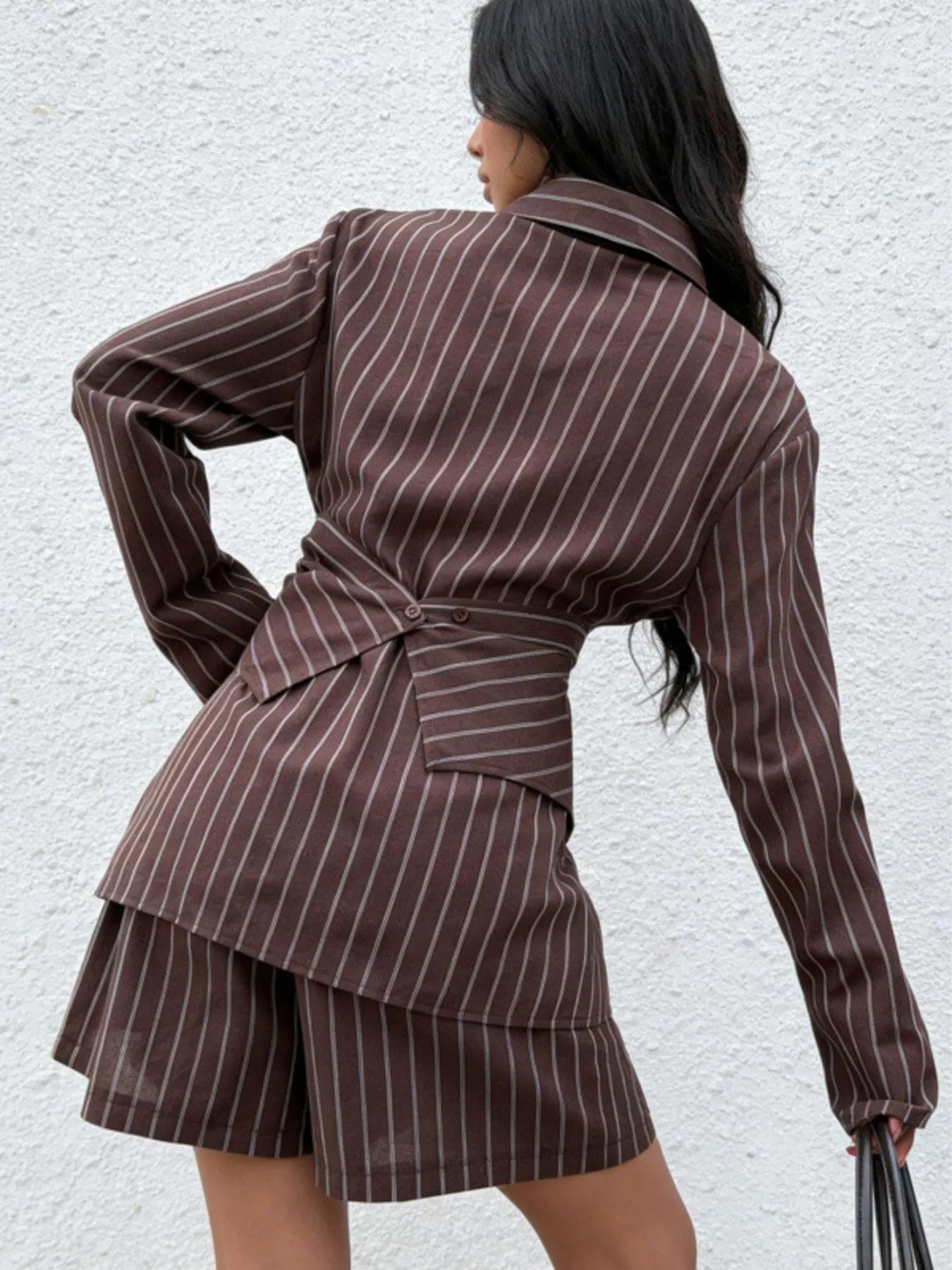 Trendsi Striped Long-Sleeve Wrap Shirt and Shorts Two-Piece Set -