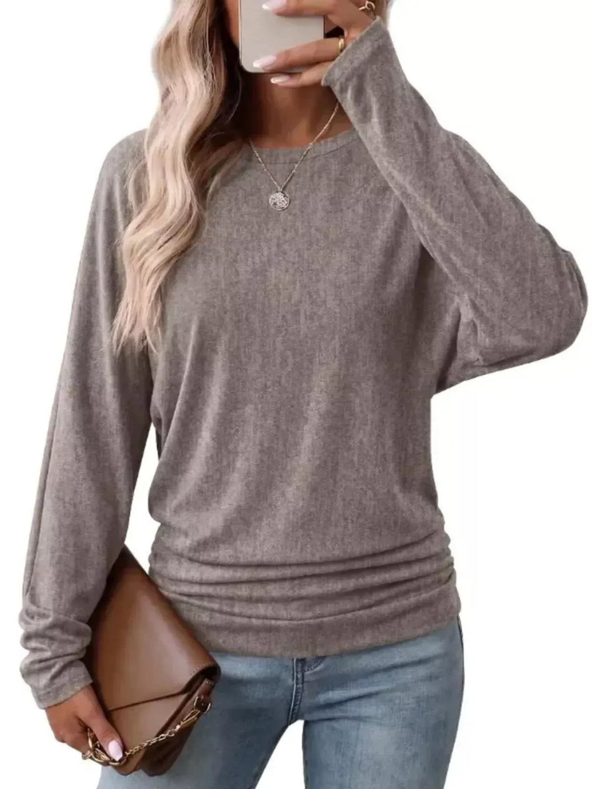 Taupe crew neck t-shirt with ruched hem