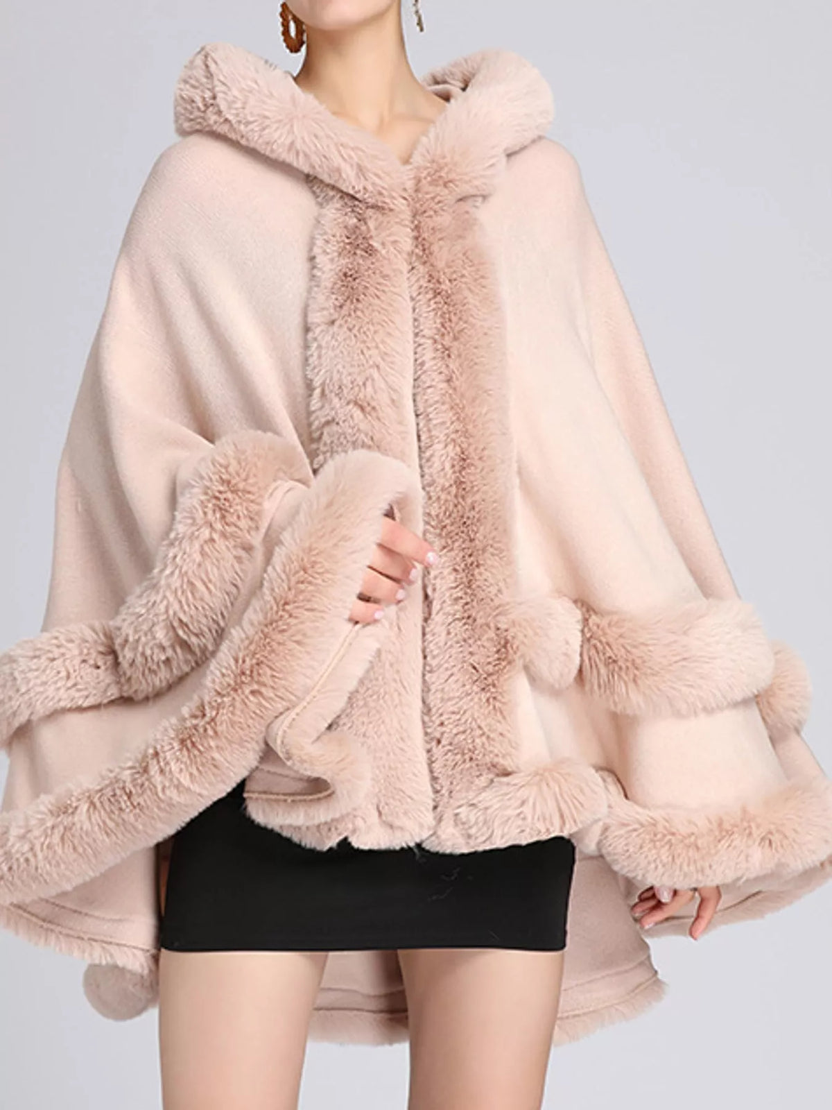 Faux-fur-trim cape, pink front