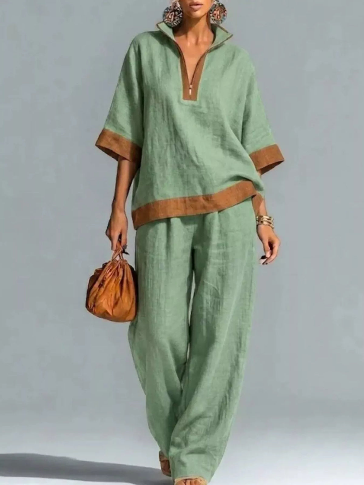 Trendsi Full Size Contrast Trim Top and Wide Leg Pants Set Plus Size -