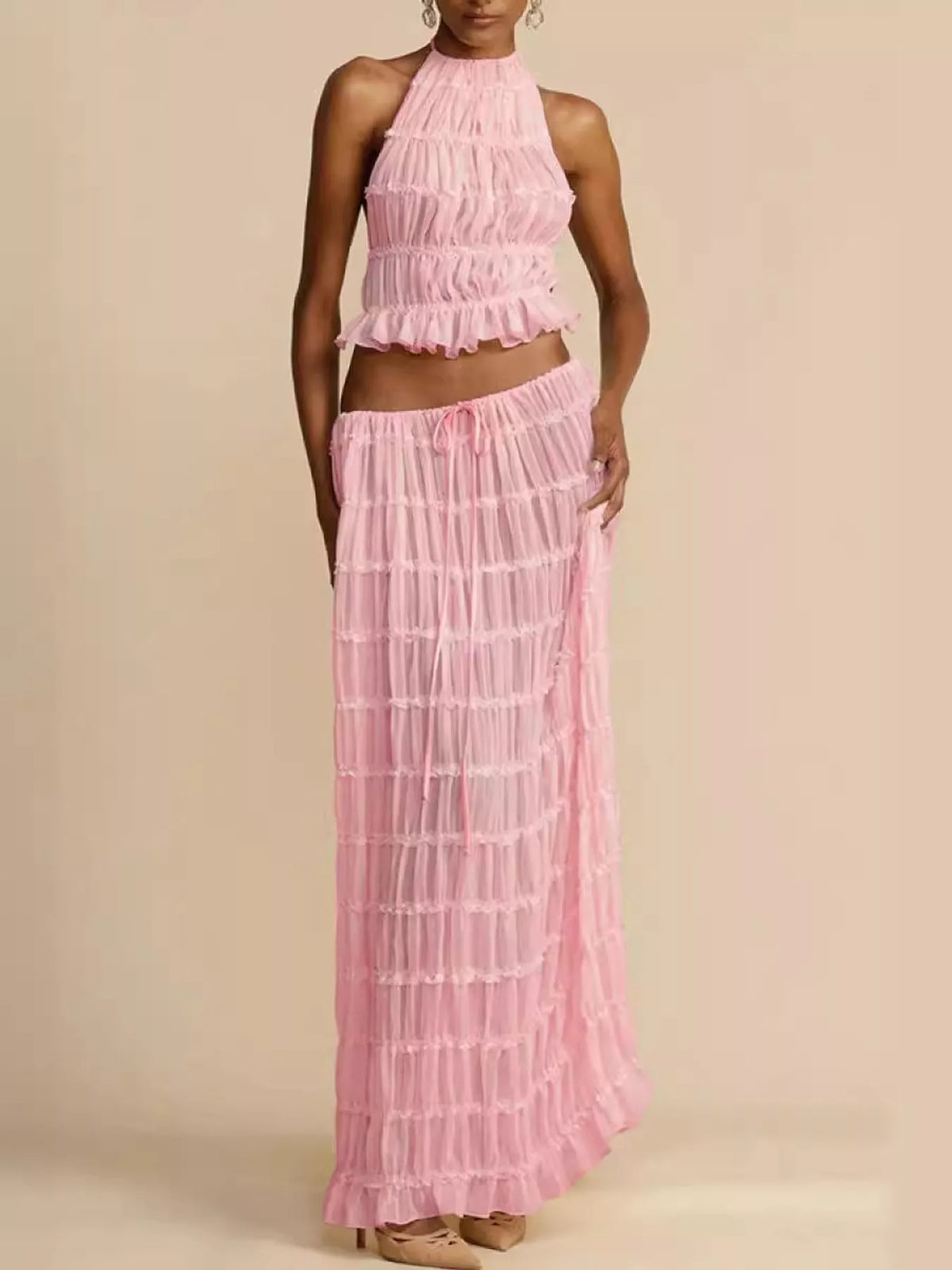 Halter top and skirt set, pink front