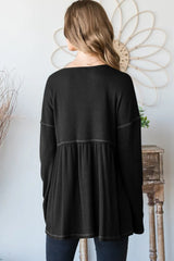 Trendsi Heimish Full Size V-Neck Long Sleeve Ribbed Babydoll Top -