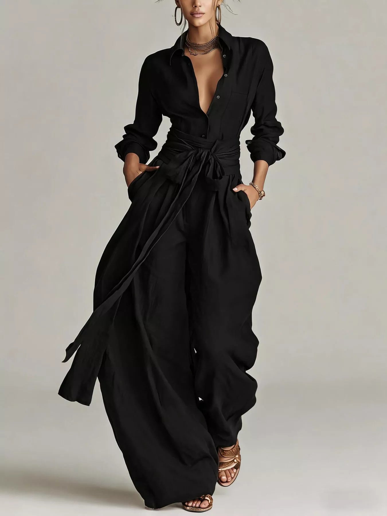 Trendsi Long-Sleeve Button-Down Waist-Tie Jumpsuit -