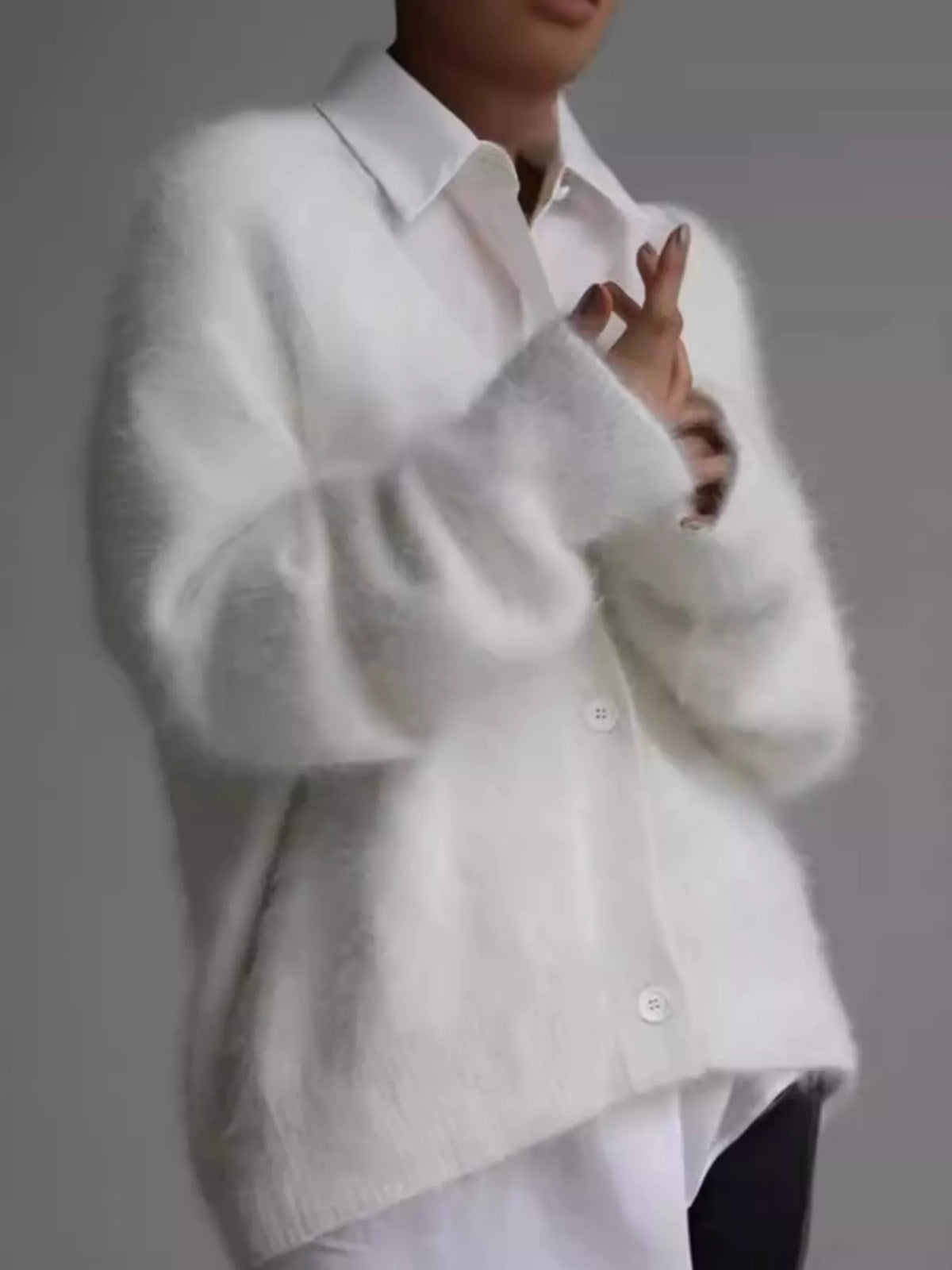 White fuzzy v-neck button-down cardigan