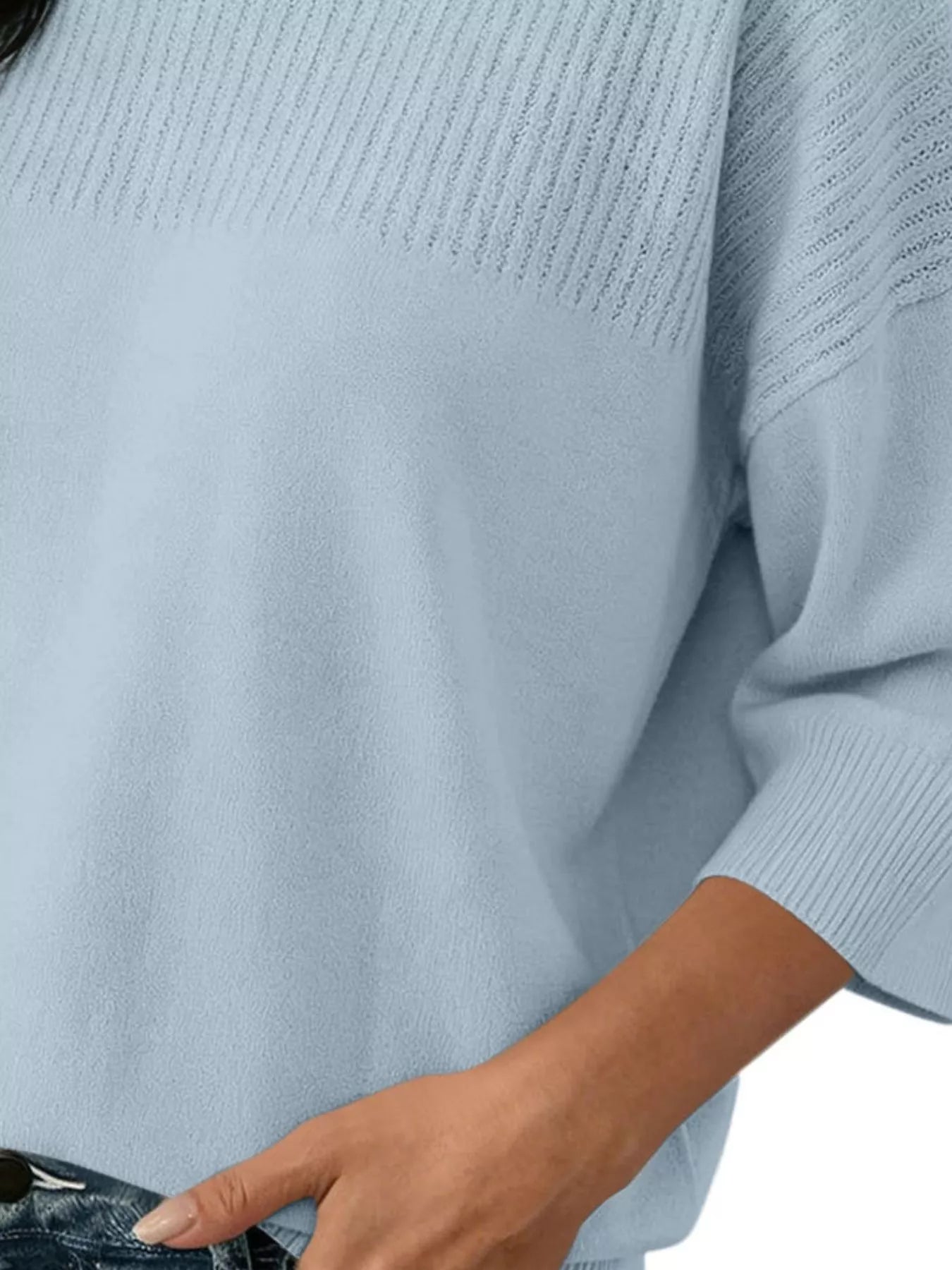 Trendsi Elegant Crew Neck Eyelet Ribbed Sweater -